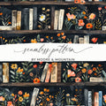 Dark Academy Floral BookShelf Black Background Pattern - Moore and Mountain