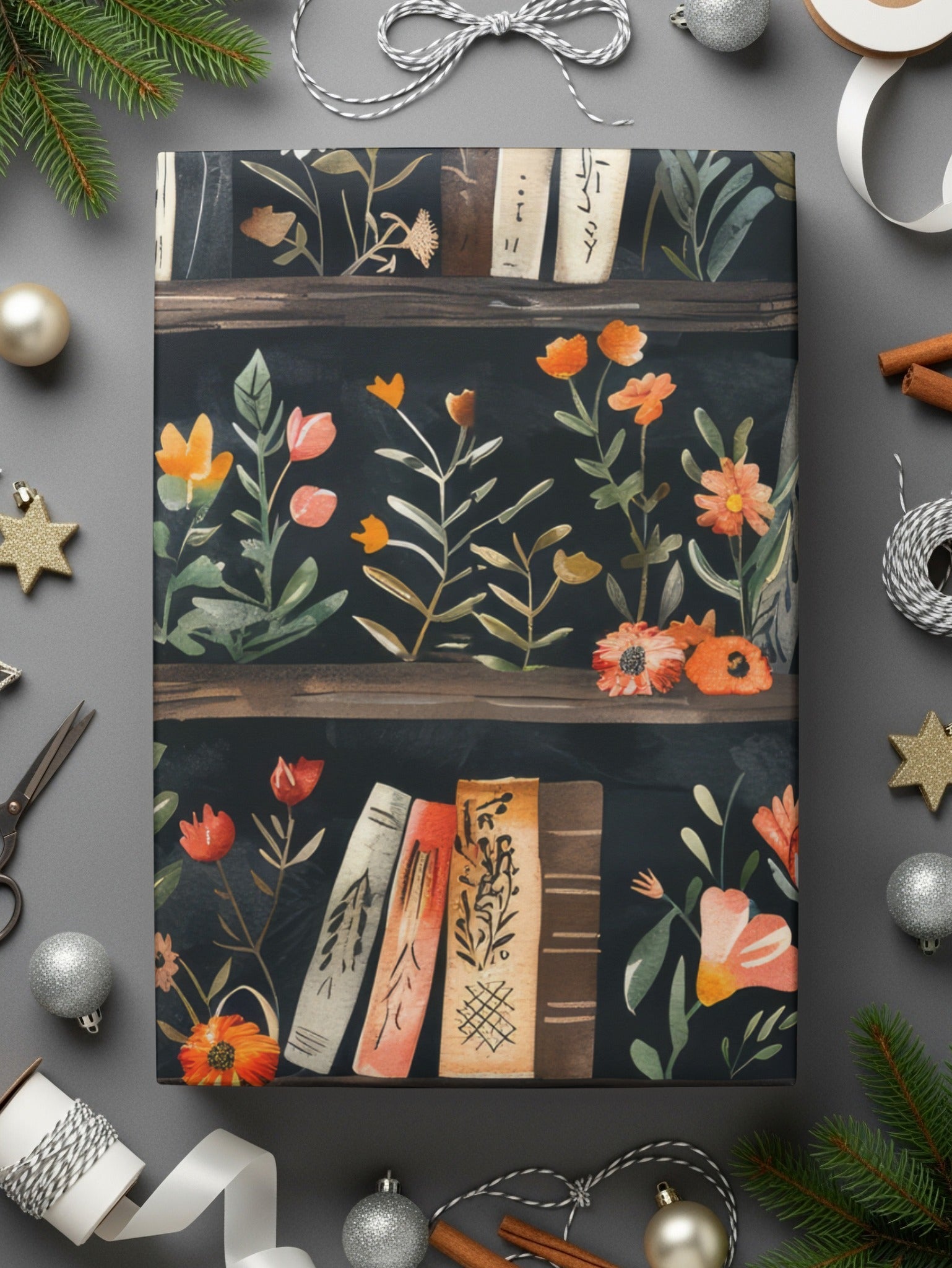 Dark Academy Floral BookShelf Black Background Pattern - Moore and Mountain