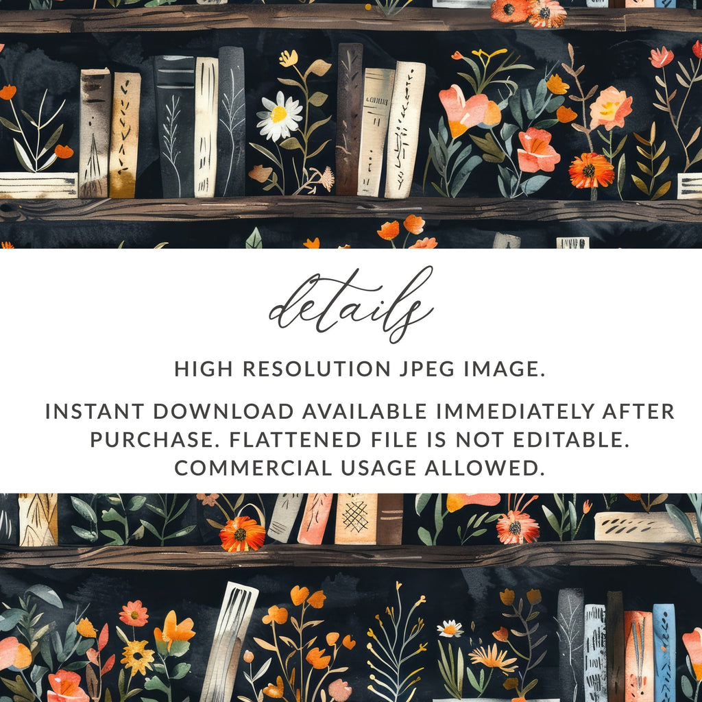 Dark Academy Floral BookShelf Black Background Pattern - Moore and Mountain