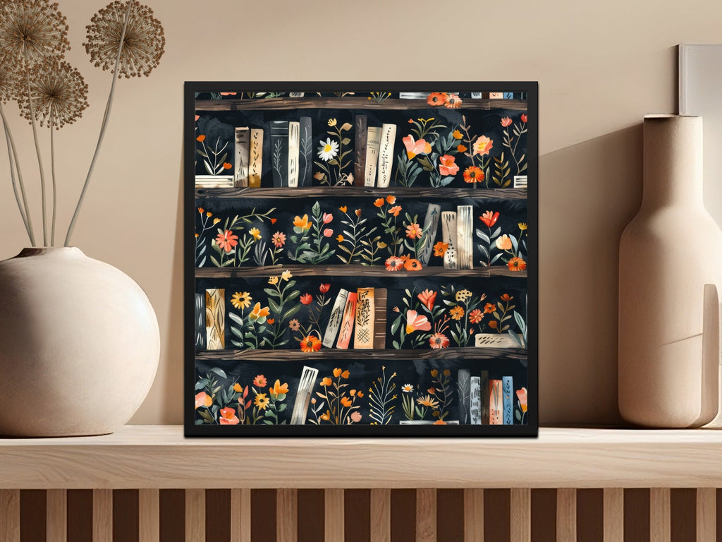 Dark Academy Floral BookShelf Black Background Pattern - Moore and Mountain