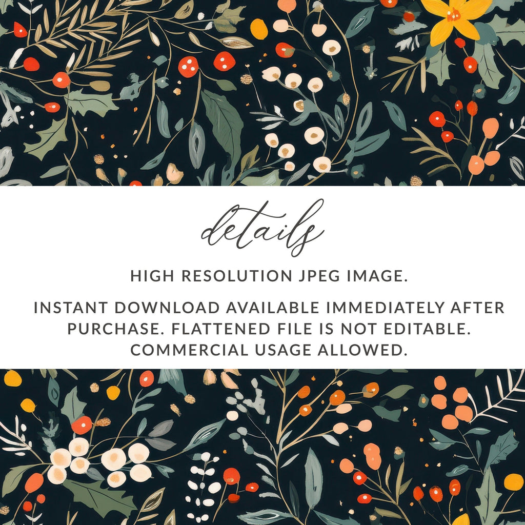 Dark Black Seamless Christmas Ditsy Floral Pattern With Berries and Leaves on Dark Backdrop Digital - Moore and Mountain