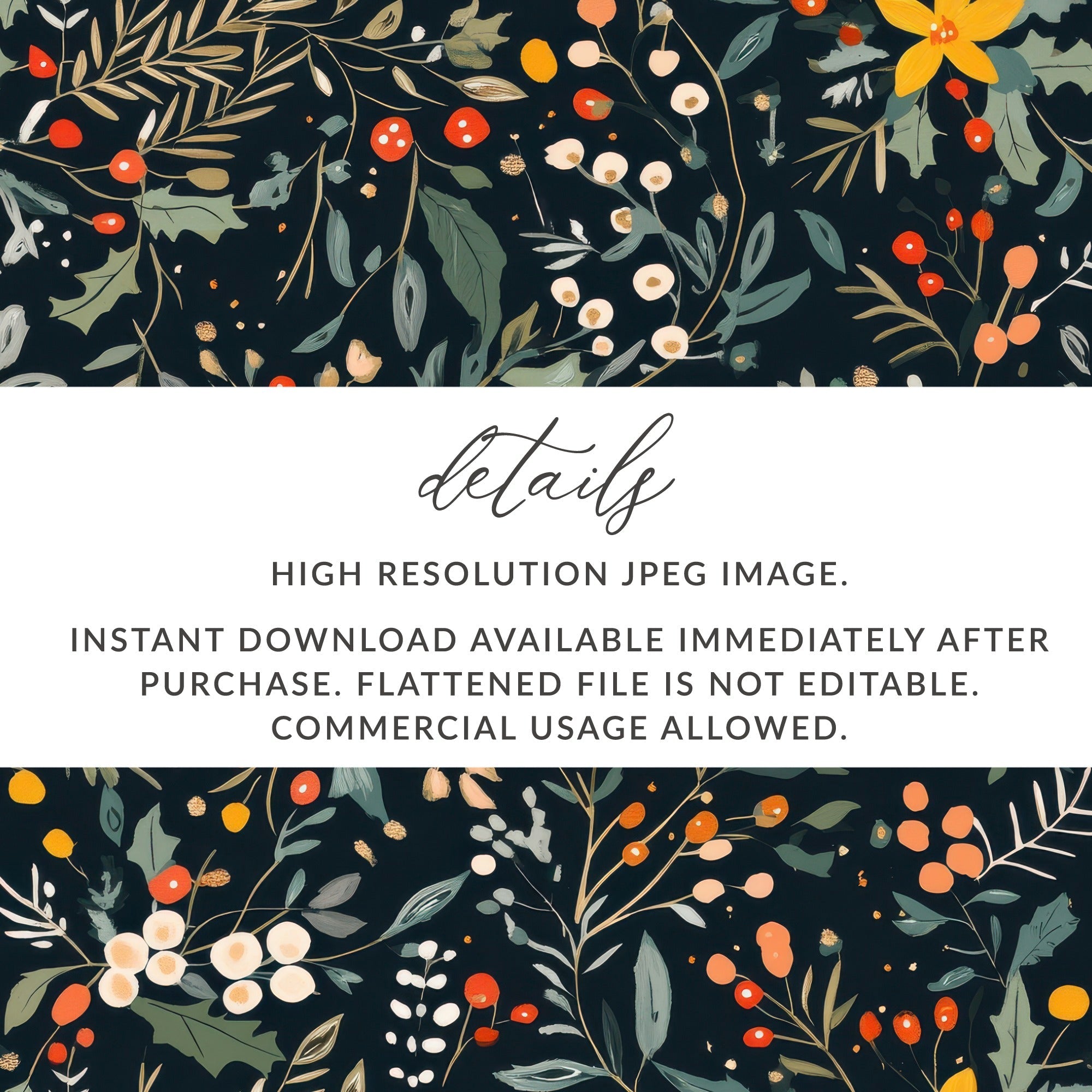 Dark Black Seamless Christmas Ditsy Floral Pattern With Berries and Leaves on Dark Backdrop Digital - Moore and Mountain