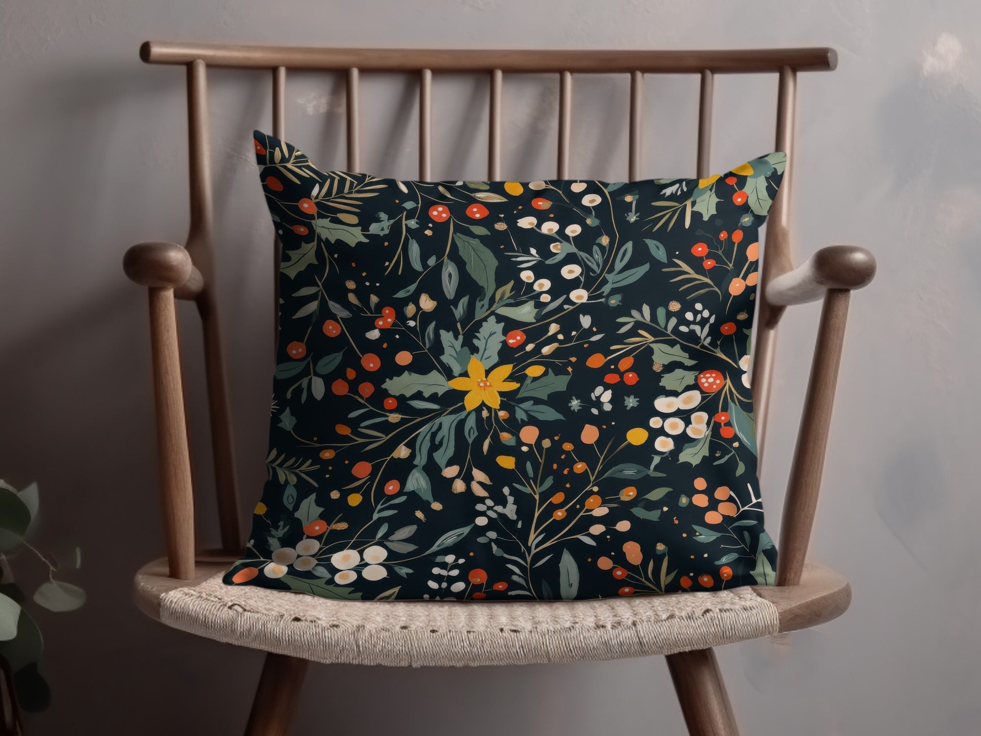 Dark Black Seamless Christmas Ditsy Floral Pattern With Berries and Leaves on Dark Backdrop Digital - Moore and Mountain