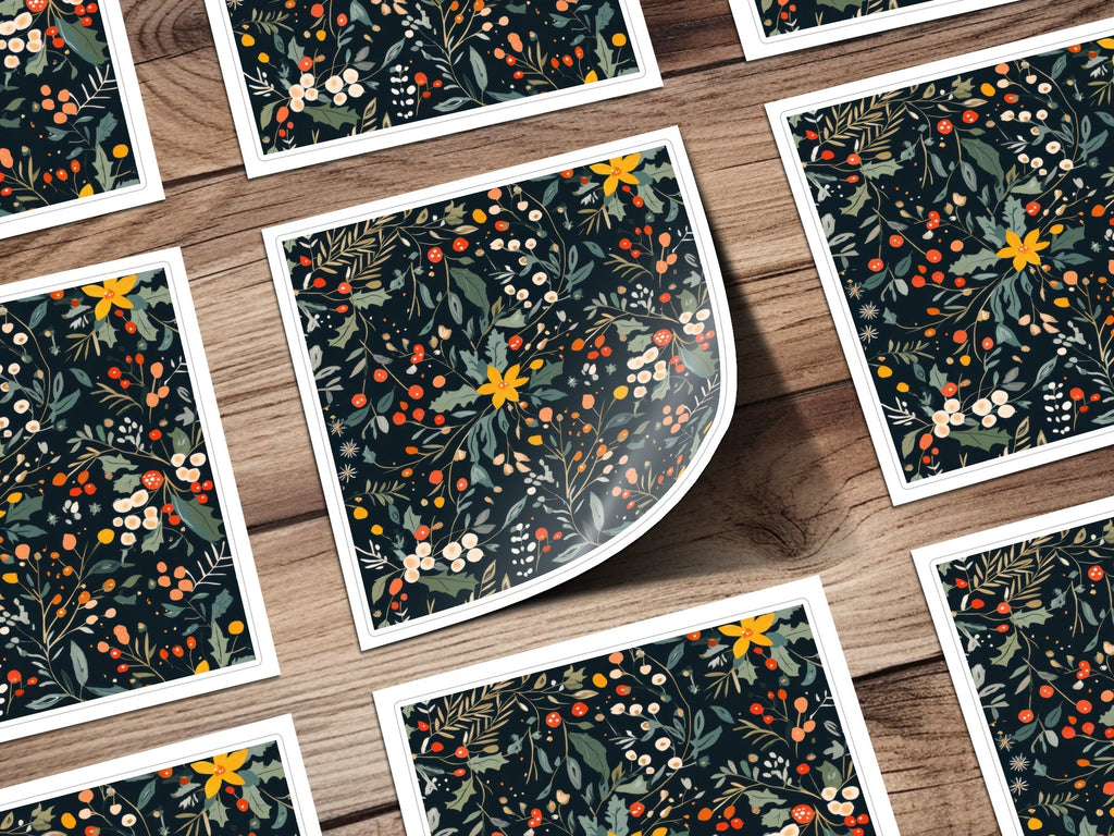 Dark Black Seamless Christmas Ditsy Floral Pattern With Berries and Leaves on Dark Backdrop Digital - Moore and Mountain
