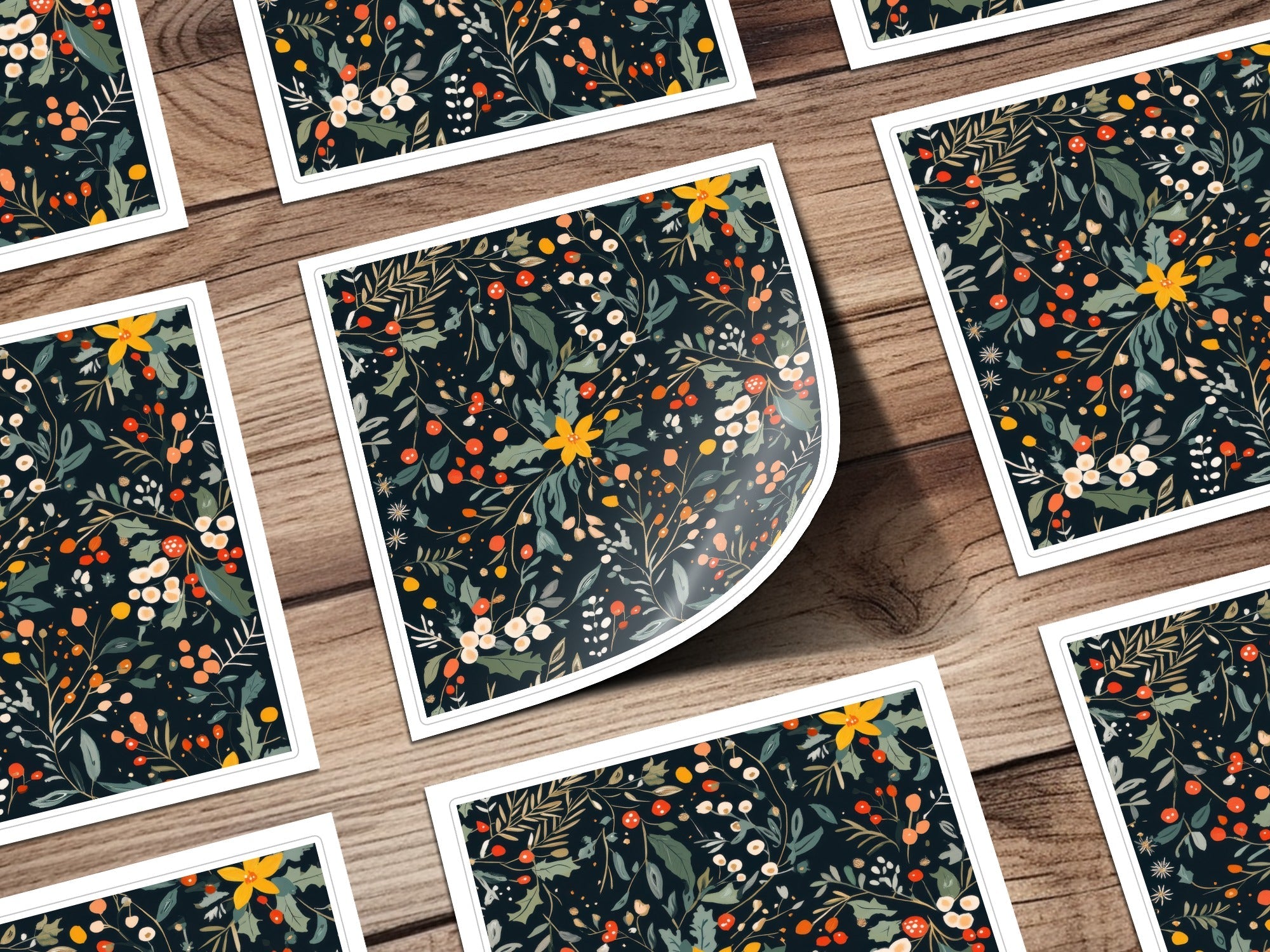 Dark Black Seamless Christmas Ditsy Floral Pattern With Berries and Leaves on Dark Backdrop Digital - Moore and Mountain