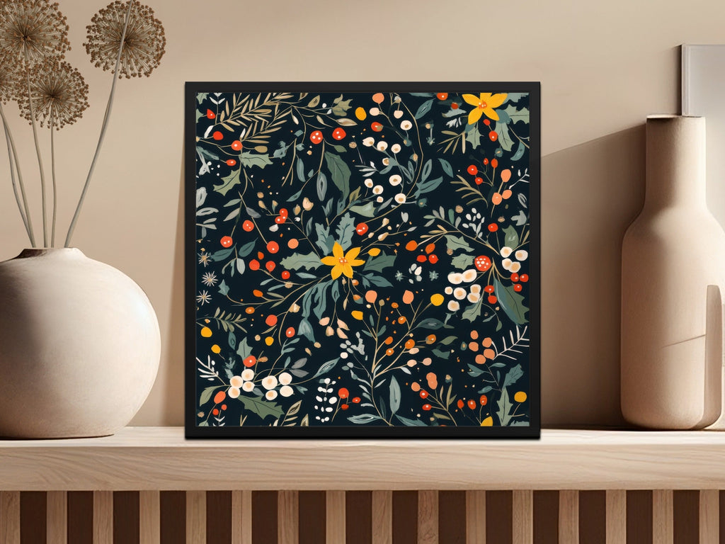 Dark Black Seamless Christmas Ditsy Floral Pattern With Berries and Leaves on Dark Backdrop Digital - Moore and Mountain