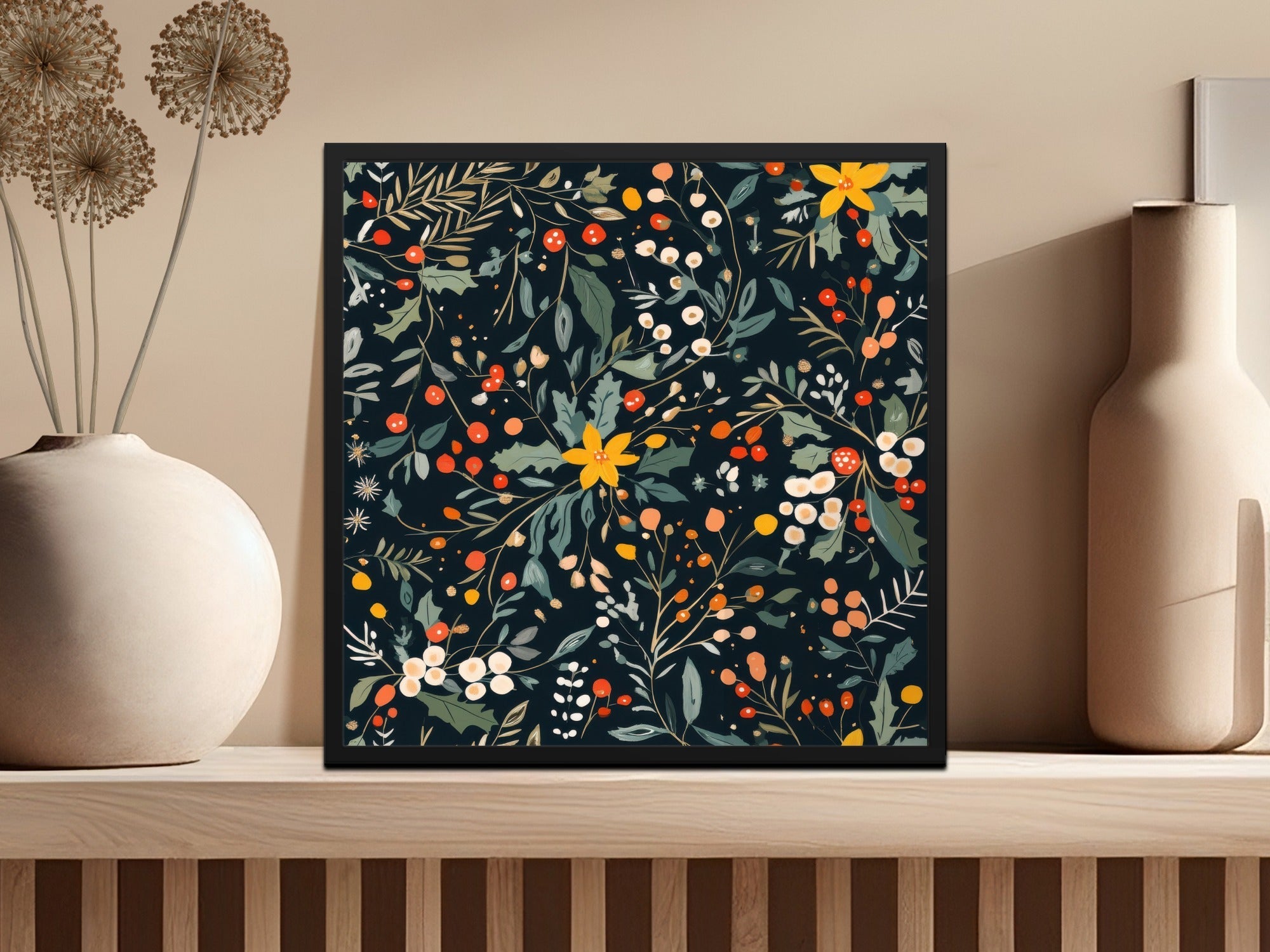 Dark Black Seamless Christmas Ditsy Floral Pattern With Berries and Leaves on Dark Backdrop Digital - Moore and Mountain