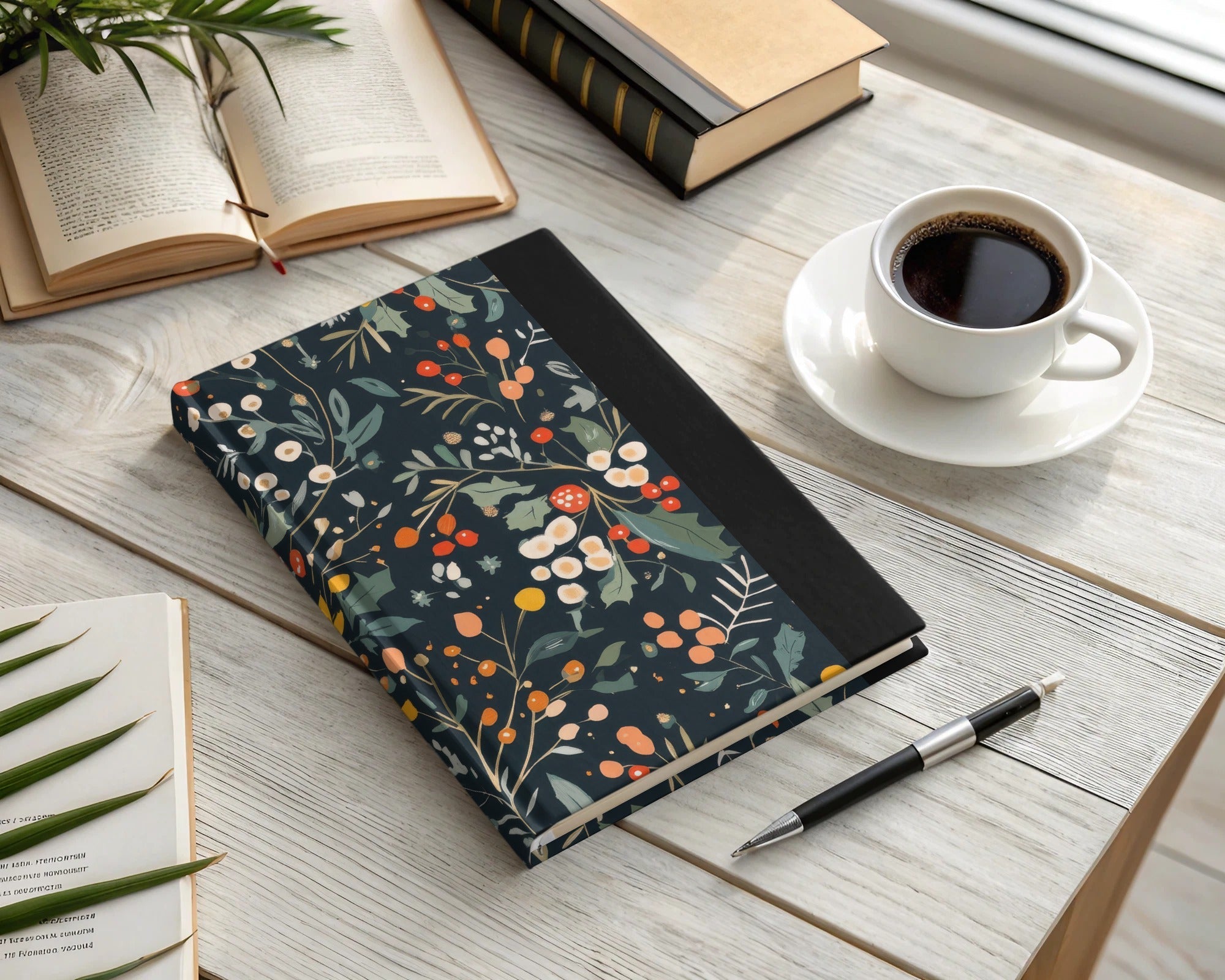 Dark Black Seamless Christmas Ditsy Floral Pattern With Berries and Leaves on Dark Backdrop Digital - Moore and Mountain