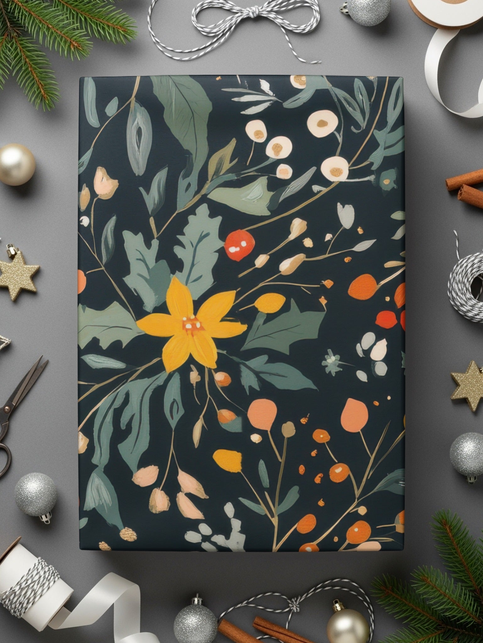Dark Black Seamless Christmas Ditsy Floral Pattern With Berries and Leaves on Dark Backdrop Digital - Moore and Mountain