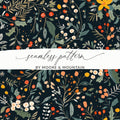 Dark Black Seamless Christmas Ditsy Floral Pattern With Berries and Leaves on Dark Backdrop Digital - Moore and Mountain