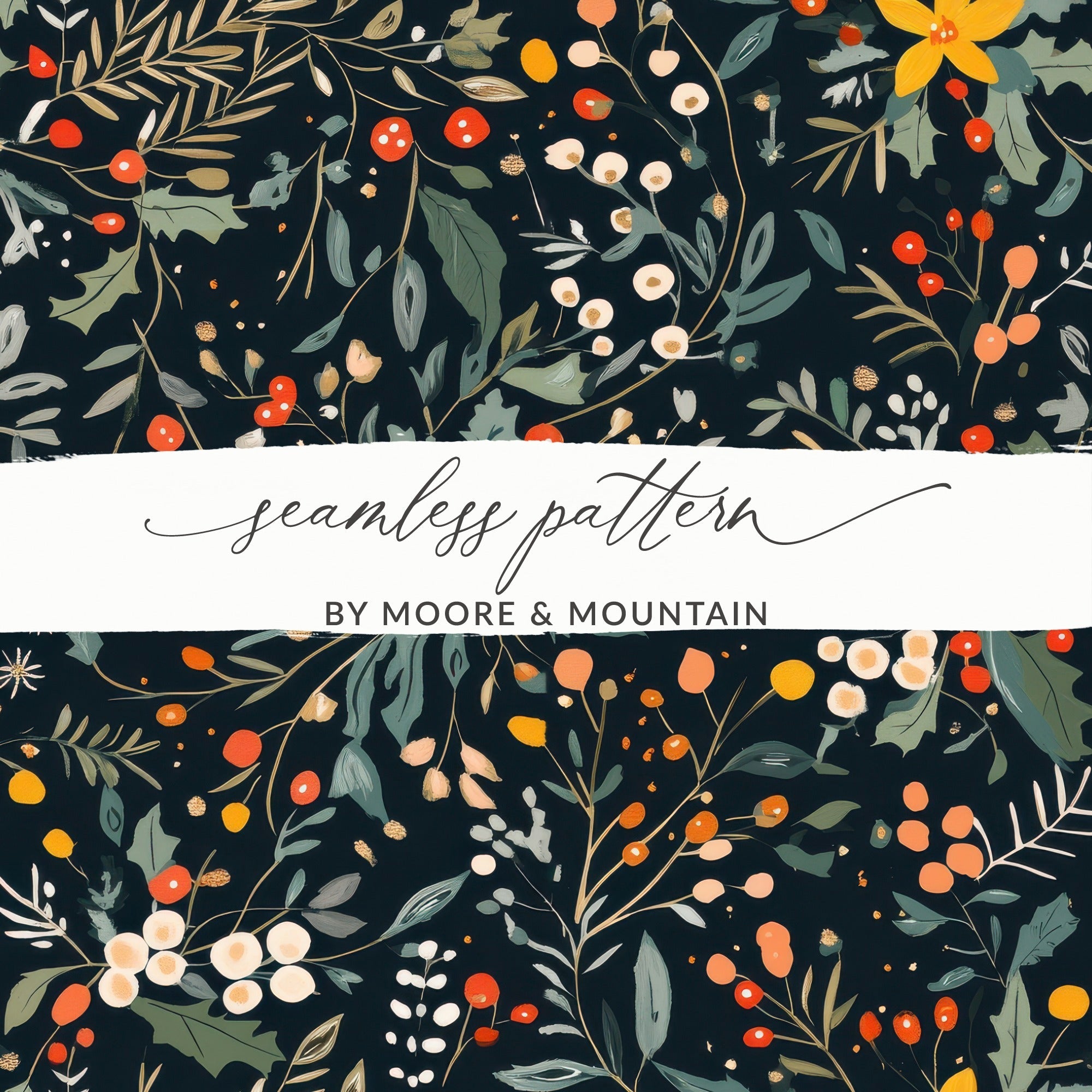 Dark Black Seamless Christmas Ditsy Floral Pattern With Berries and Leaves on Dark Backdrop Digital - Moore and Mountain