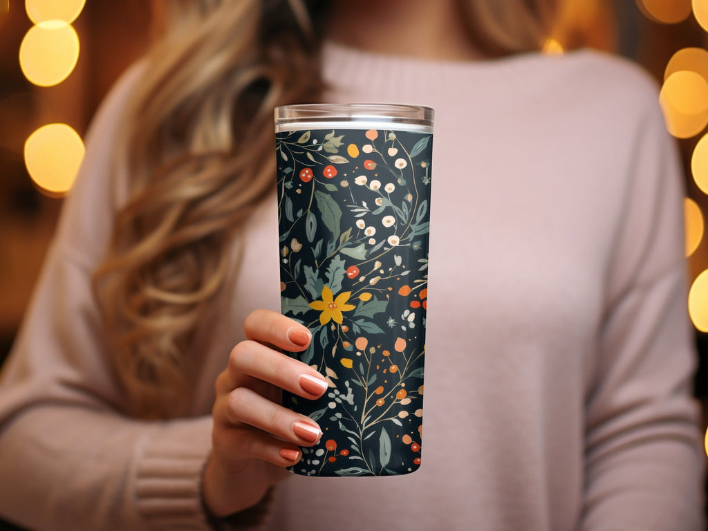 Dark Black Seamless Christmas Ditsy Floral Pattern With Berries and Leaves on Dark Backdrop Digital - Moore and Mountain