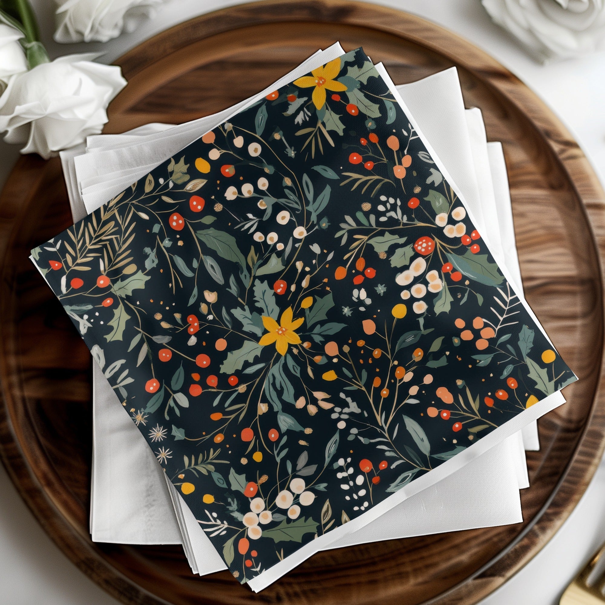 Dark Black Seamless Christmas Ditsy Floral Pattern With Berries and Leaves on Dark Backdrop Digital - Moore and Mountain