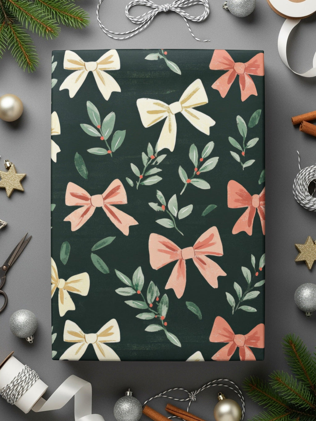 Dark Coquette Winter Bows On Green Background Digital - Moore and Mountain