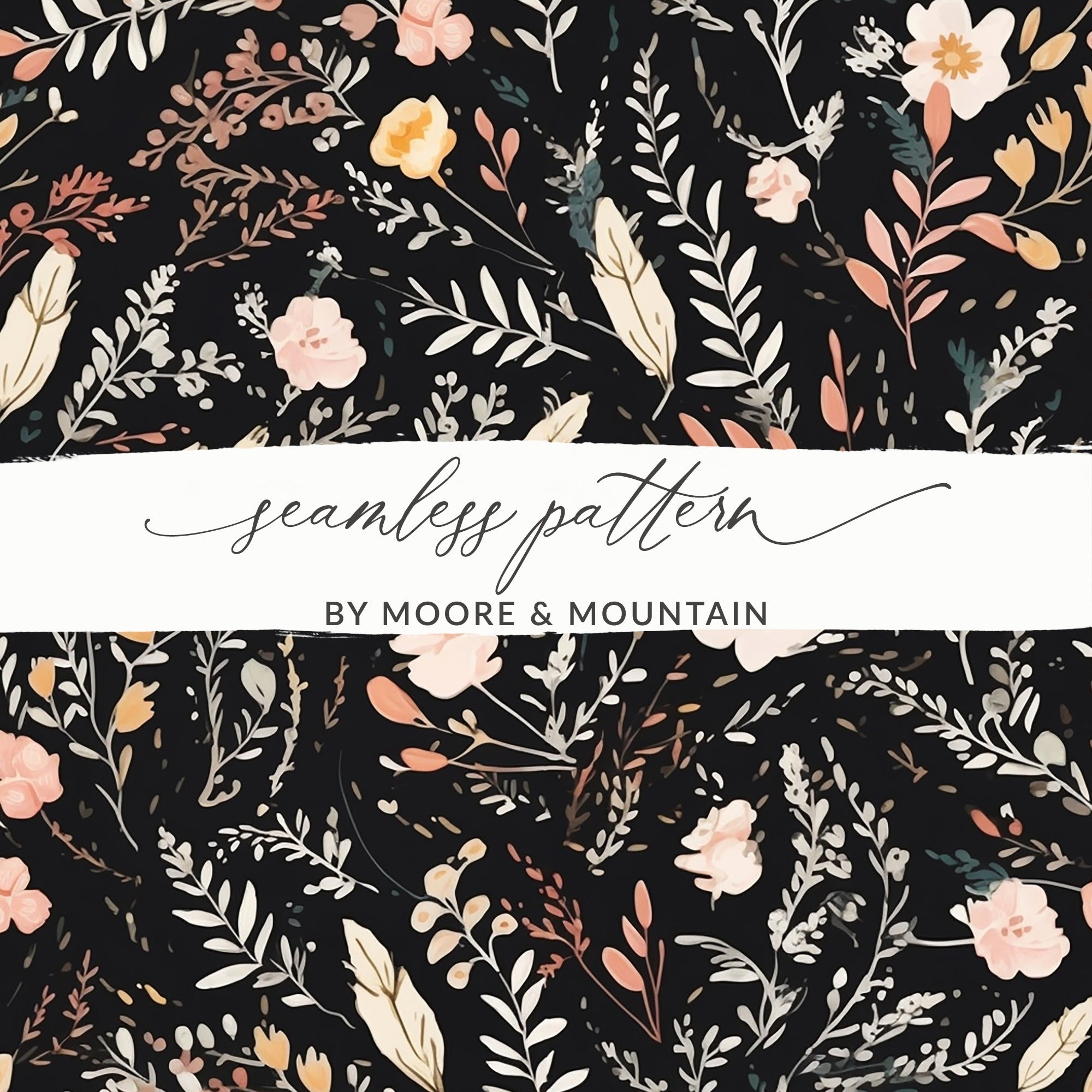 Dark Ditsy Flower Black Boho Watercolor Floral Neutral Seamless Pattern - Moore and Mountain