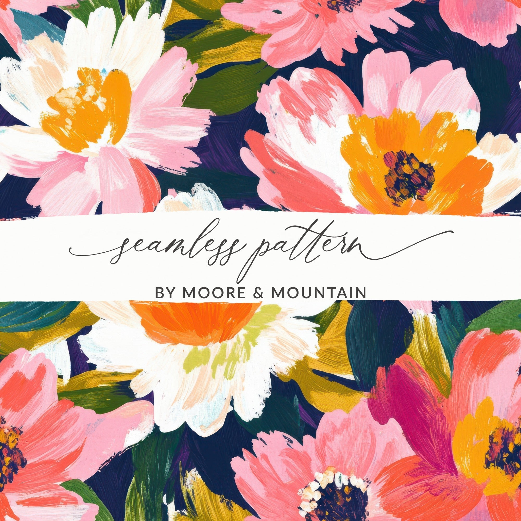 Dark Floral Peony Seamless Pattern Bold Brushstrokes Acrylic Painted Peony Pattern - Moore and Mountain