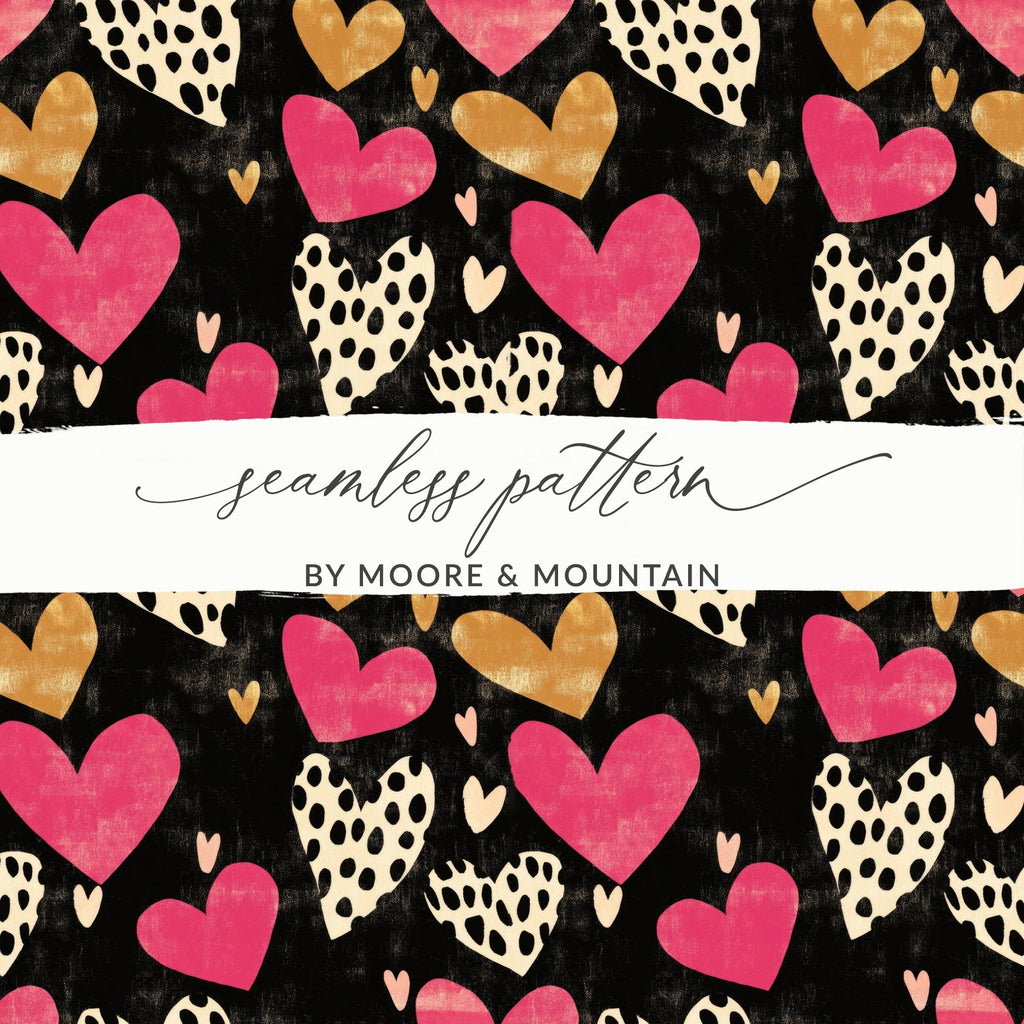Dark Hearts Digital Paper, Pink and Gold Hearts Pattern, Spotted Heart Art, Seamless Black Background, Digital Valentine's Day Texture - Moore and Mountain