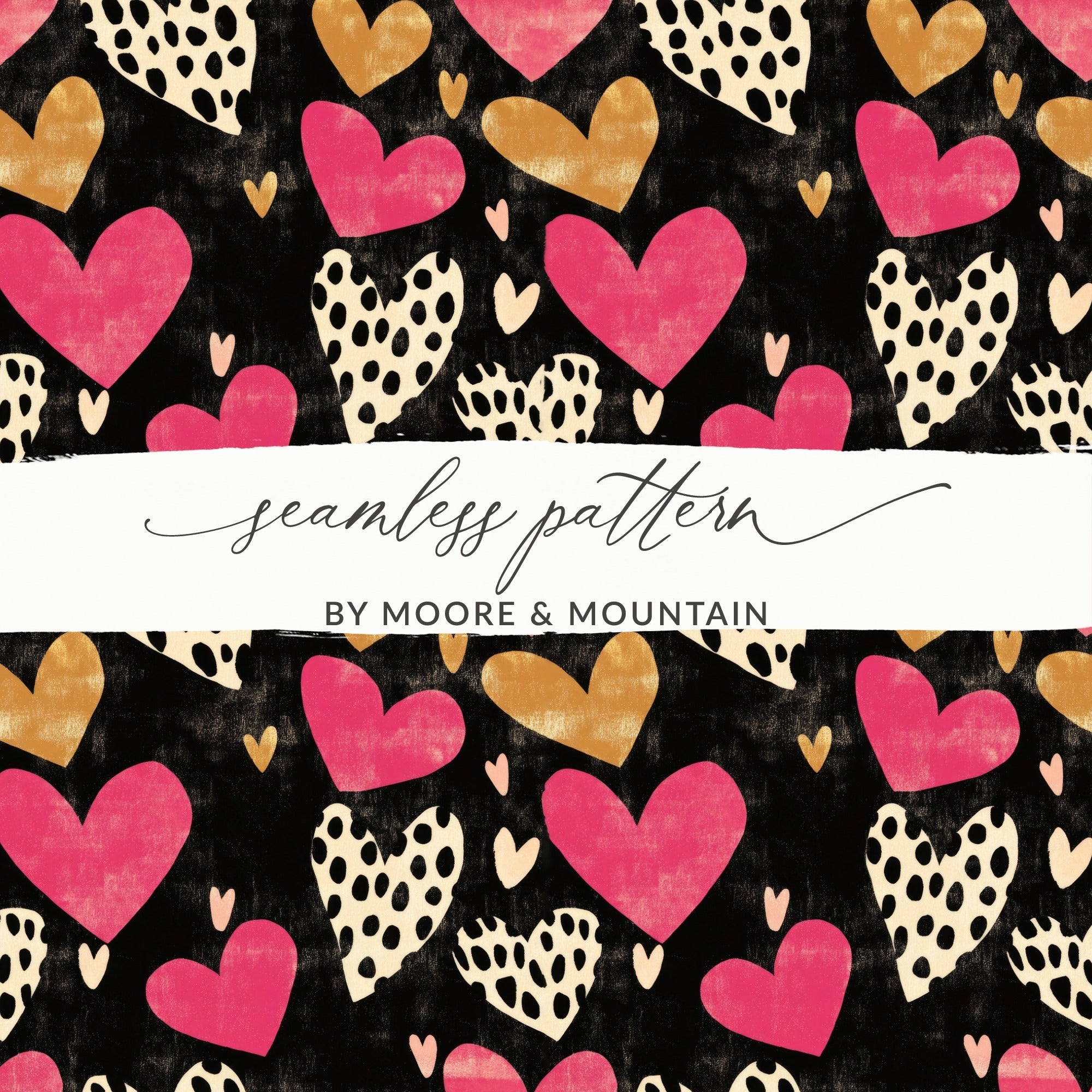 Dark Hearts Digital Paper, Pink and Gold Hearts Pattern, Spotted Heart Art, Seamless Black Background, Digital Valentine's Day Texture - Moore and Mountain