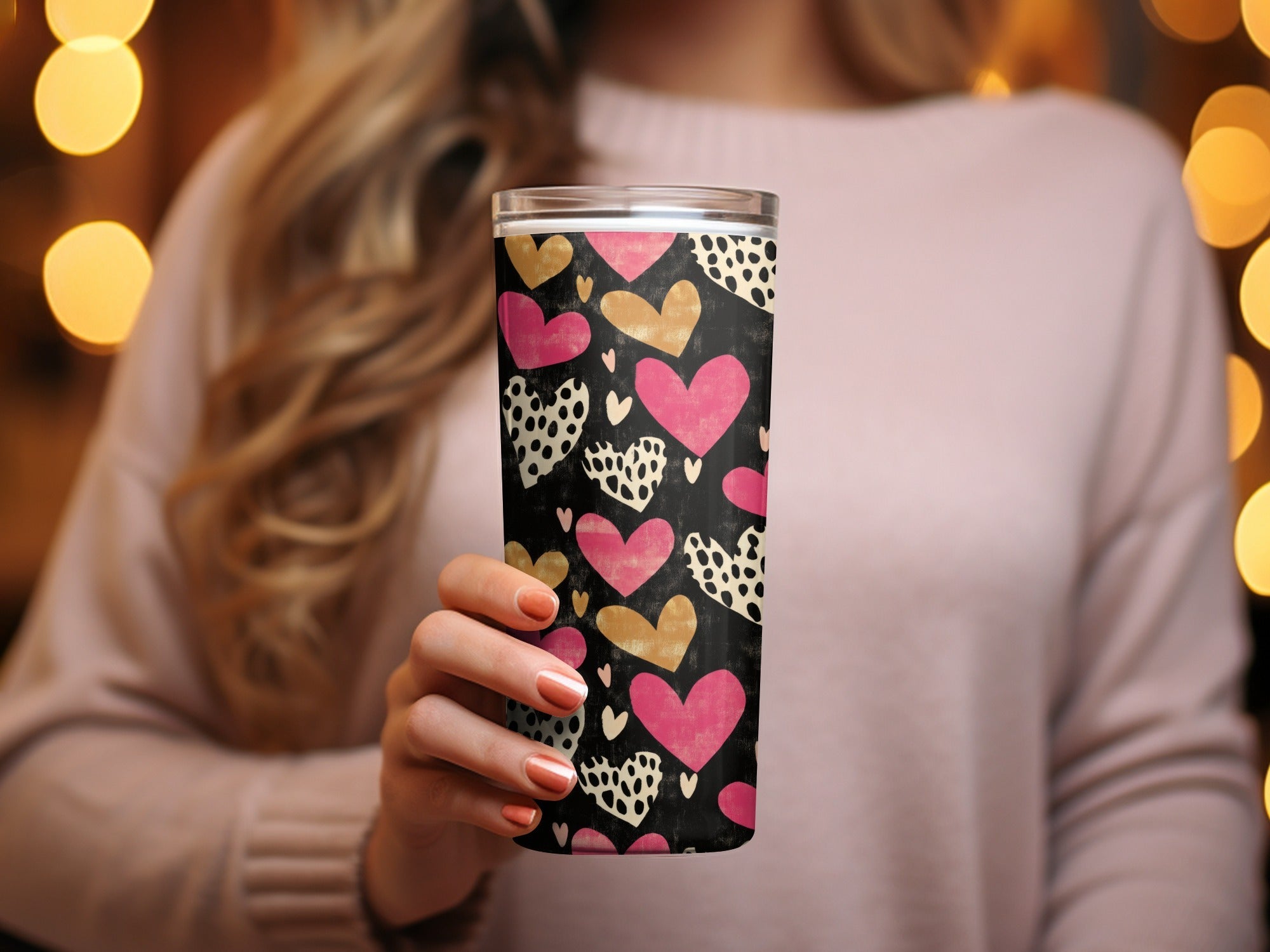 Dark Hearts Digital Paper, Pink and Gold Hearts Pattern, Spotted Heart Art, Seamless Black Background, Digital Valentine's Day Texture - Moore and Mountain