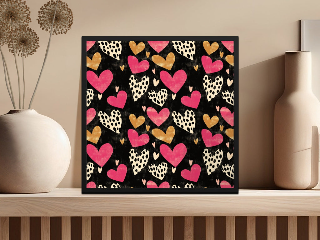 Dark Hearts Digital Paper, Pink and Gold Hearts Pattern, Spotted Heart Art, Seamless Black Background, Digital Valentine's Day Texture - Moore and Mountain