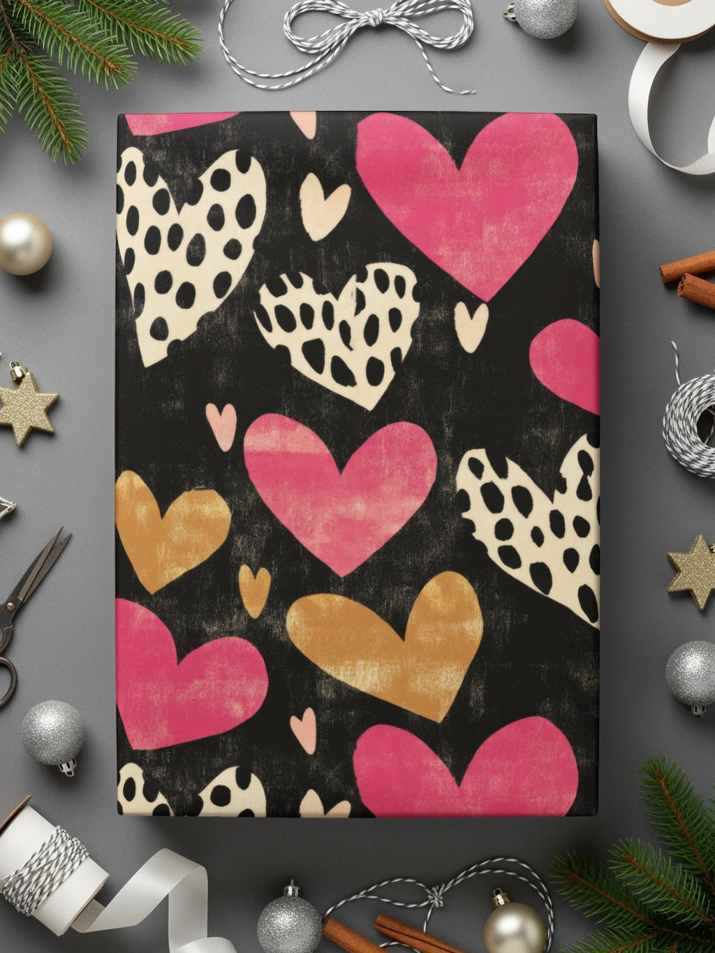 Dark Hearts Digital Paper, Pink and Gold Hearts Pattern, Spotted Heart Art, Seamless Black Background, Digital Valentine's Day Texture - Moore and Mountain