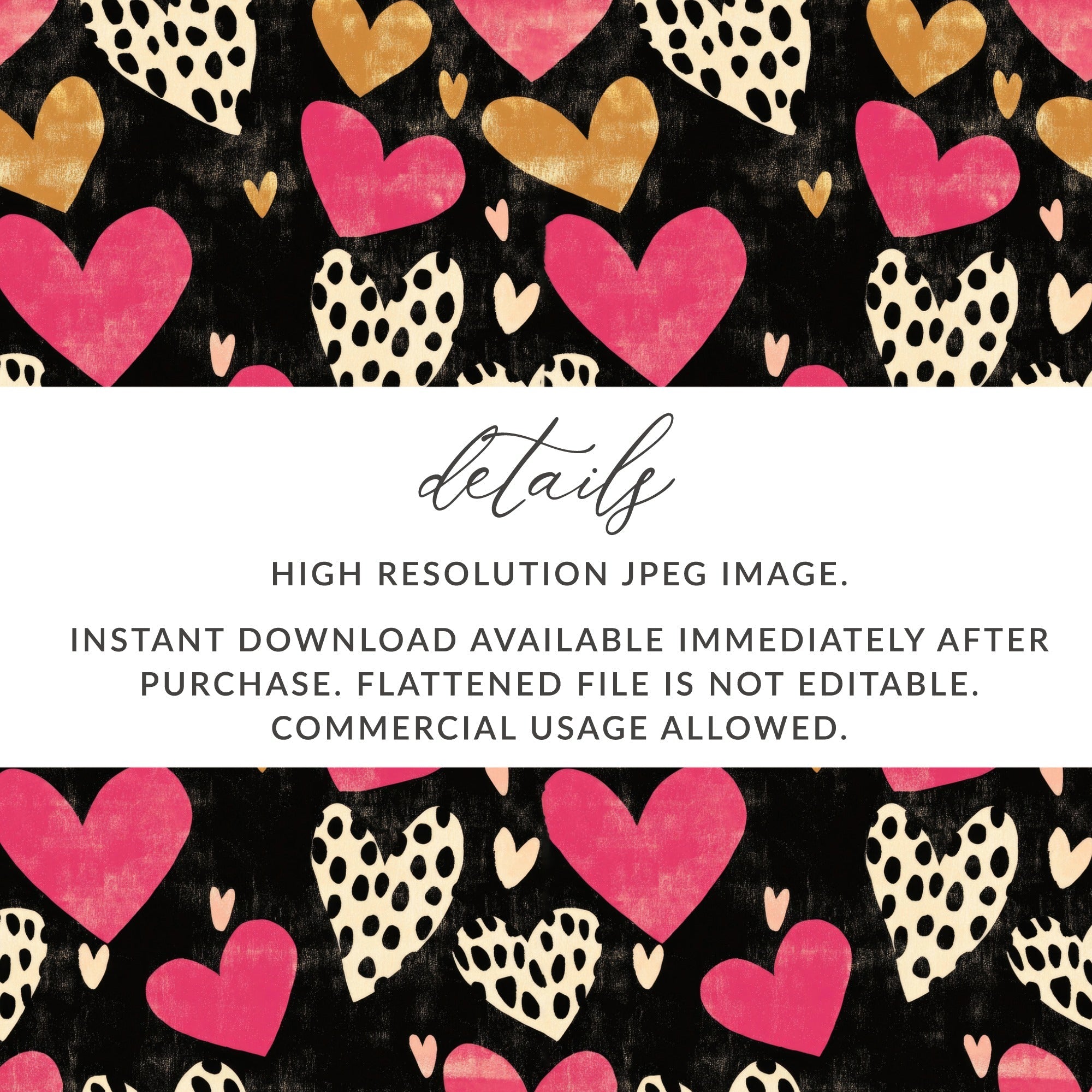 Dark Hearts Digital Paper, Pink and Gold Hearts Pattern, Spotted Heart Art, Seamless Black Background, Digital Valentine's Day Texture - Moore and Mountain