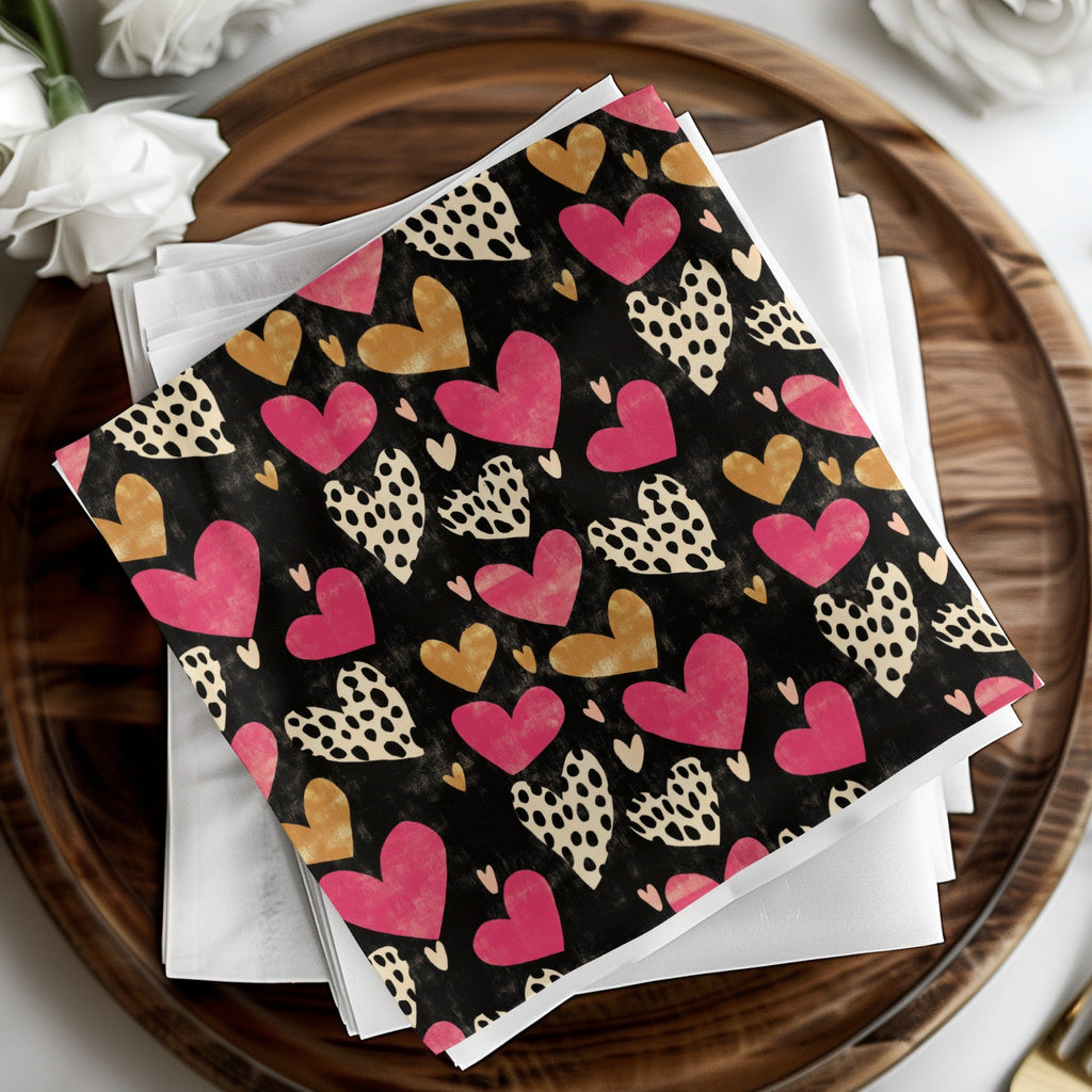 Dark Hearts Digital Paper, Pink and Gold Hearts Pattern, Spotted Heart Art, Seamless Black Background, Digital Valentine's Day Texture - Moore and Mountain