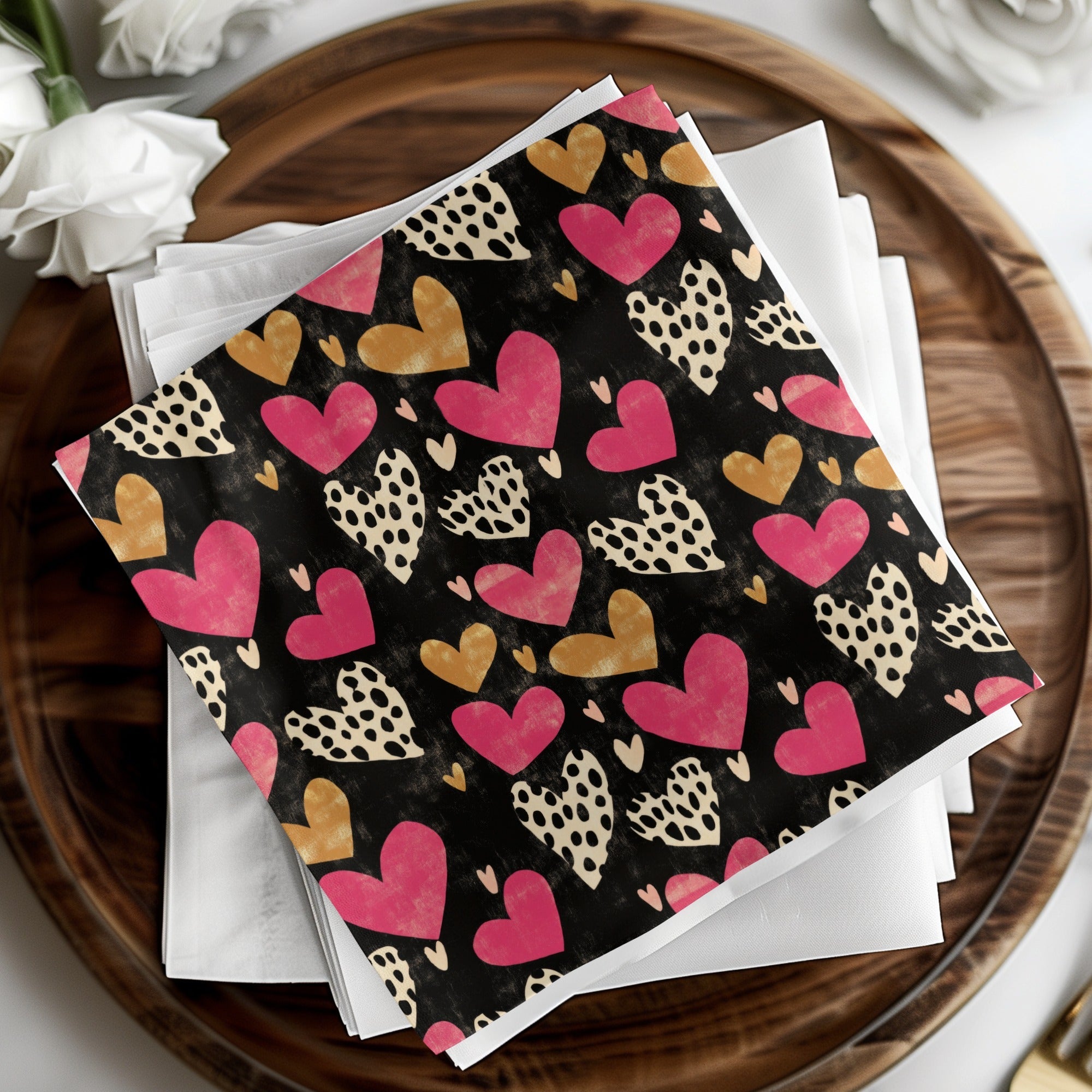 Dark Hearts Digital Paper, Pink and Gold Hearts Pattern, Spotted Heart Art, Seamless Black Background, Digital Valentine's Day Texture - Moore and Mountain