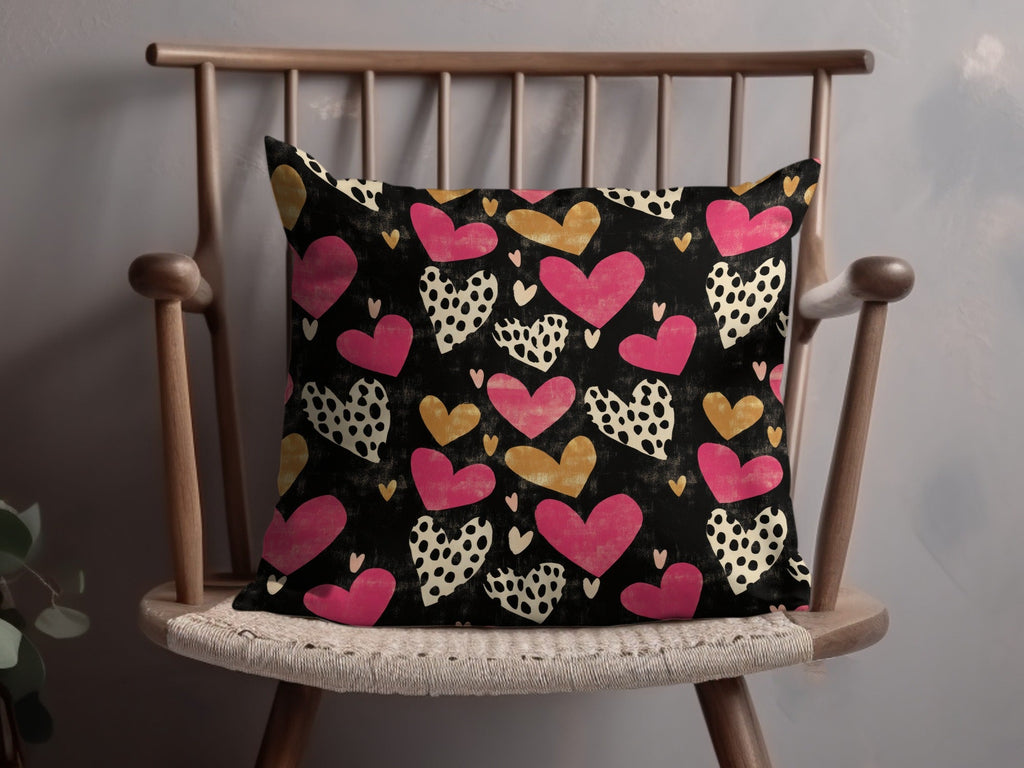 Dark Hearts Digital Paper, Pink and Gold Hearts Pattern, Spotted Heart Art, Seamless Black Background, Digital Valentine's Day Texture - Moore and Mountain