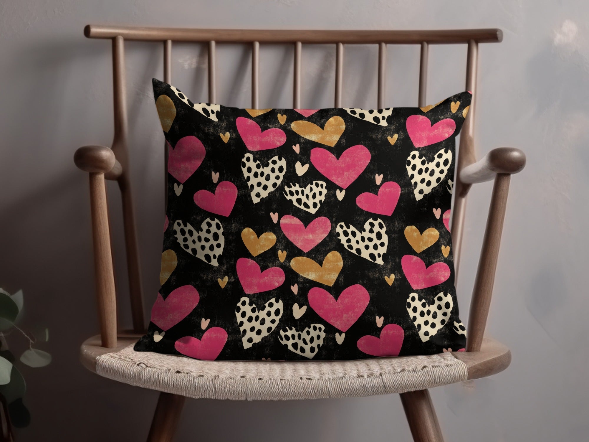 Dark Hearts Digital Paper, Pink and Gold Hearts Pattern, Spotted Heart Art, Seamless Black Background, Digital Valentine's Day Texture - Moore and Mountain