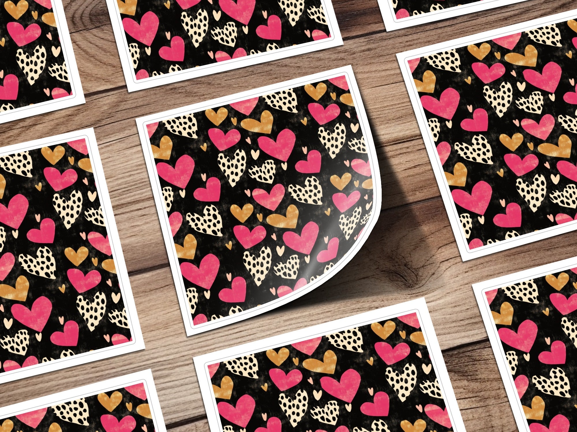 Dark Hearts Digital Paper, Pink and Gold Hearts Pattern, Spotted Heart Art, Seamless Black Background, Digital Valentine's Day Texture - Moore and Mountain