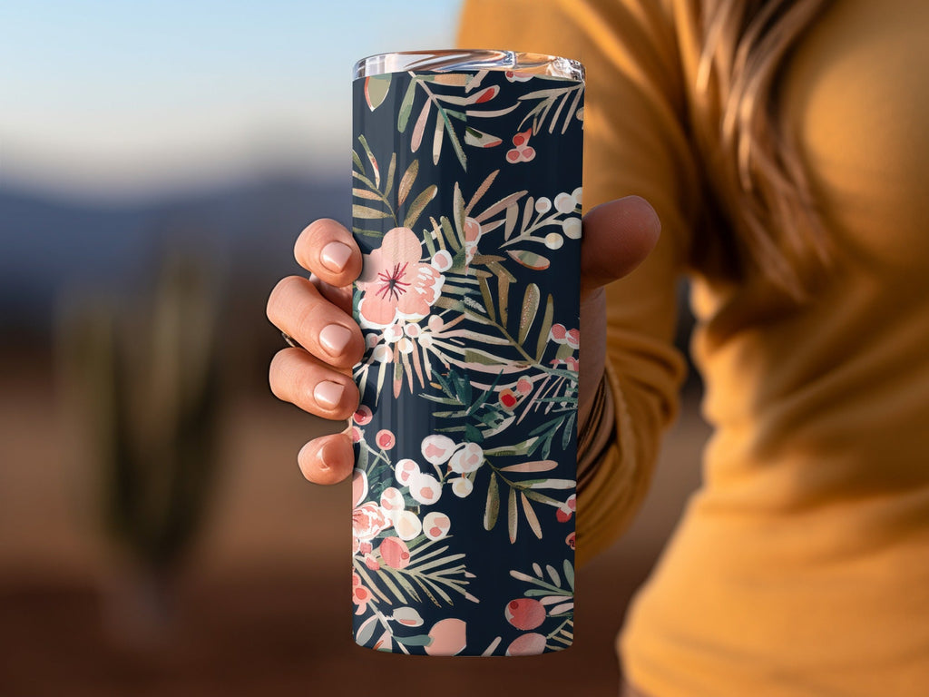 Dark Watercolor Floral Pattern Digital Paper, Winter Foliage Seamless Pattern, Boho Pink Winter Flowers JPEG - Moore and Mountain