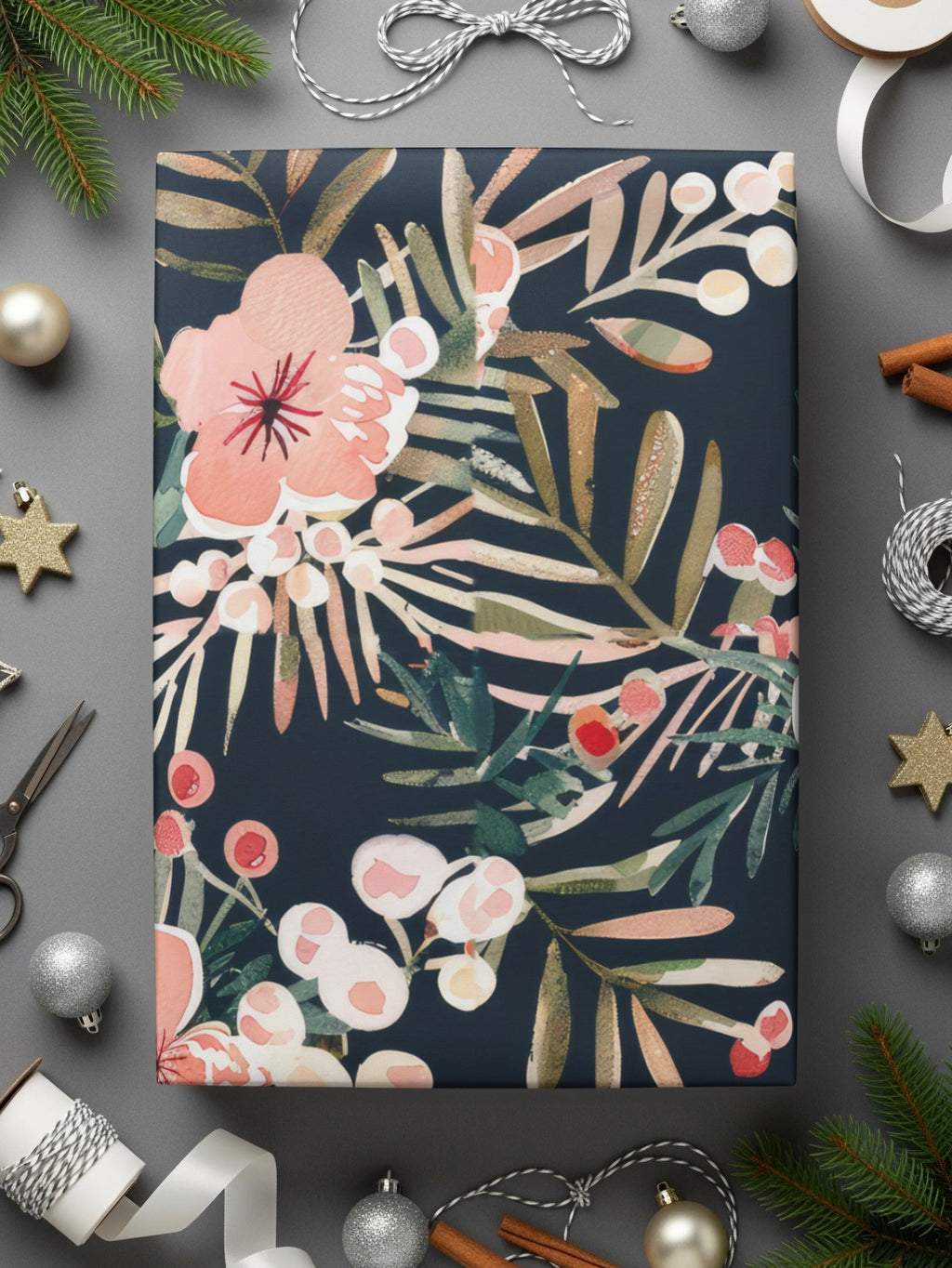 Dark Watercolor Floral Pattern Digital Paper, Winter Foliage Seamless Pattern, Boho Pink Winter Flowers JPEG - Moore and Mountain