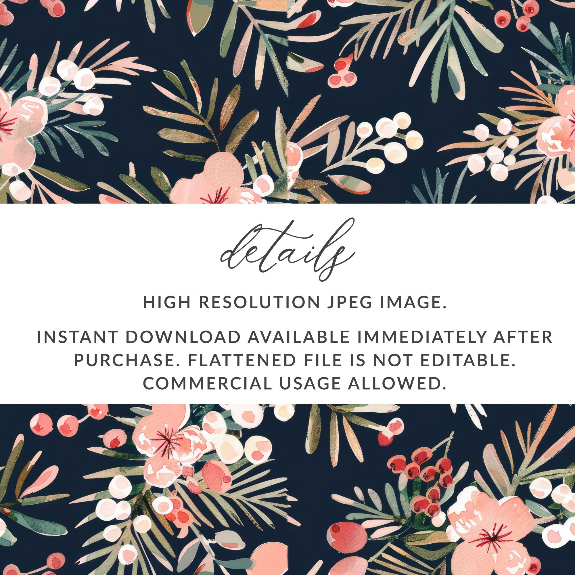 Dark Watercolor Floral Pattern Digital Paper, Winter Foliage Seamless Pattern, Boho Pink Winter Flowers JPEG - Moore and Mountain