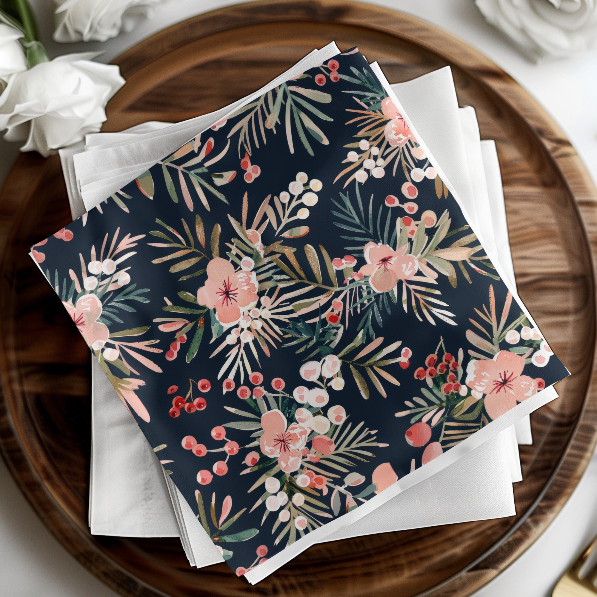 Dark Watercolor Floral Pattern Digital Paper, Winter Foliage Seamless Pattern, Boho Pink Winter Flowers JPEG - Moore and Mountain