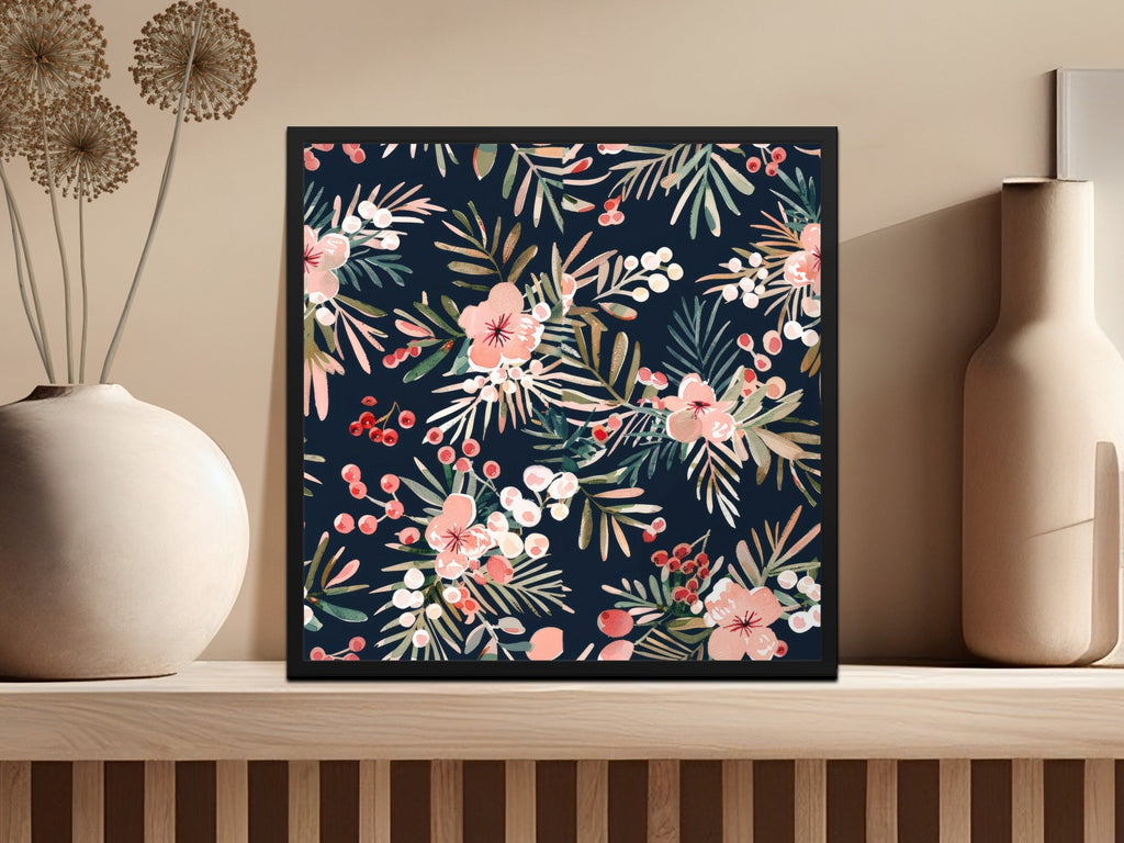 Dark Watercolor Floral Pattern Digital Paper, Winter Foliage Seamless Pattern, Boho Pink Winter Flowers JPEG - Moore and Mountain