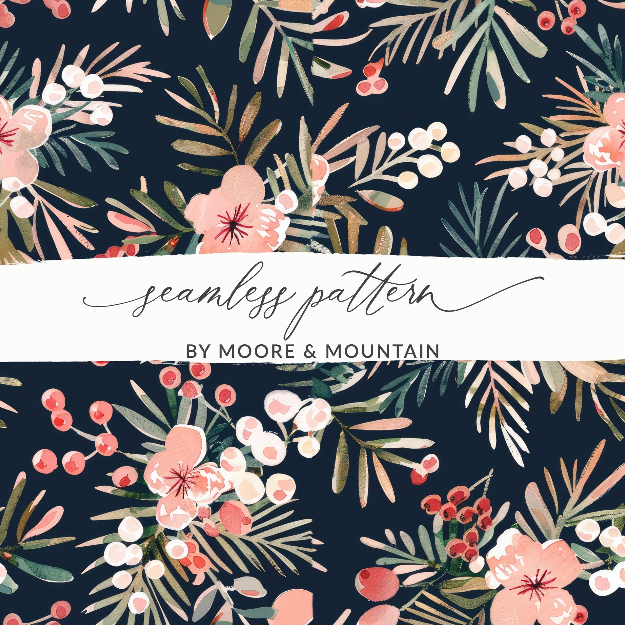 Dark Watercolor Floral Pattern Digital Paper, Winter Foliage Seamless Pattern, Boho Pink Winter Flowers JPEG - Moore and Mountain