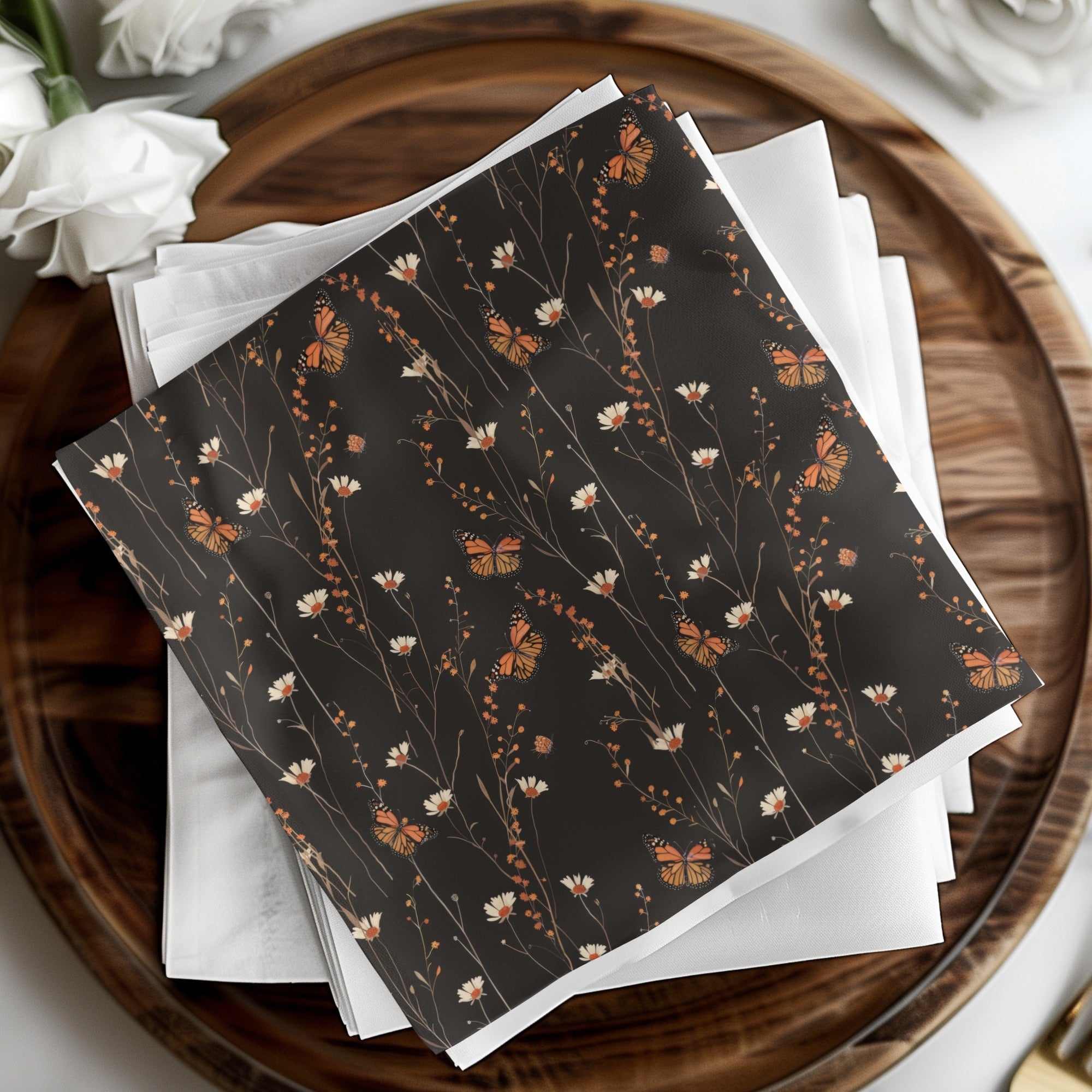 Dark Wildflowers and Butterflies Summer Pattern Dark Background Digital - Moore and Mountain