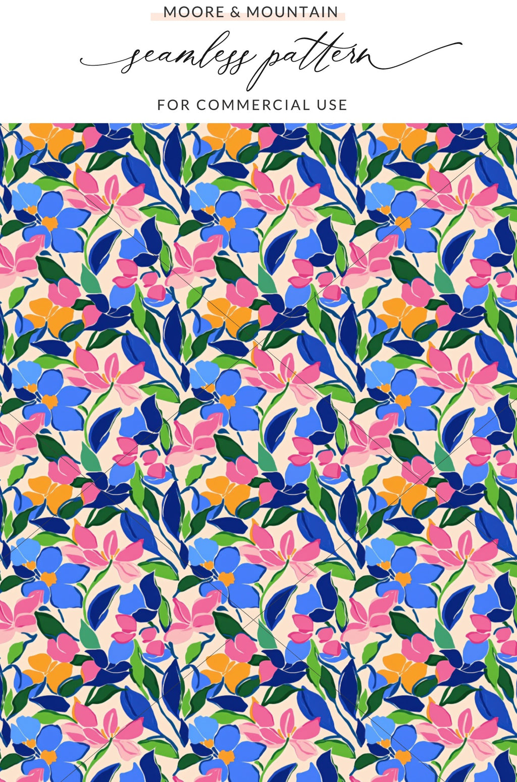 Seamless floral pattern with blue and pink flowers and green leaves.