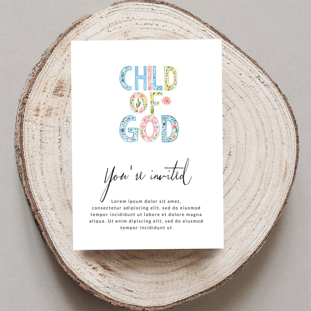 "Child of God" invitation with floral letters, inviting text, and placeholder lorem ipsum.