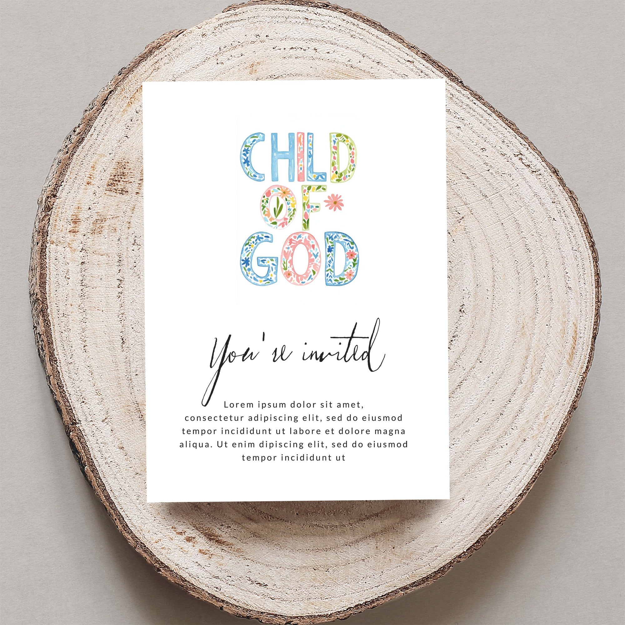 "Child of God" invitation with floral letters, inviting text, and placeholder lorem ipsum.