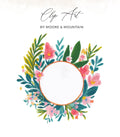 Watercolor floral wreath with blank circular space for text.