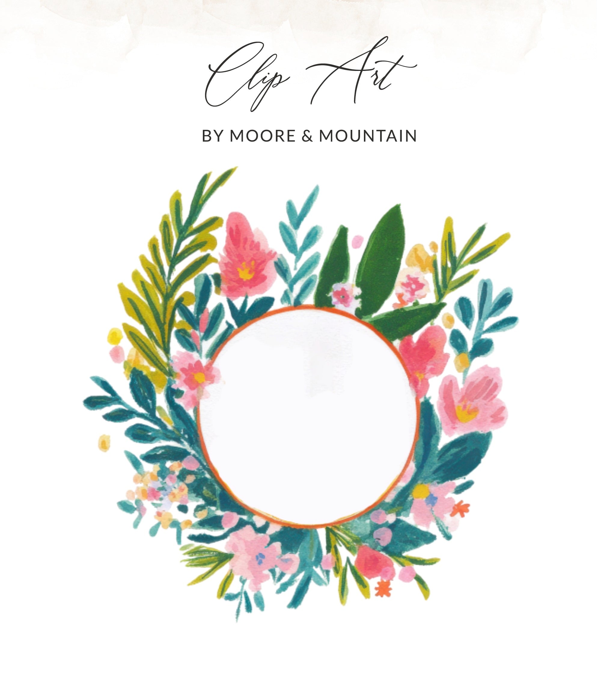 Watercolor floral wreath with blank circular space for text.