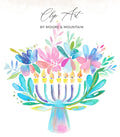 Watercolor menorah with lit candles and floral accents, text "Clip Art by Moore & Mountain".