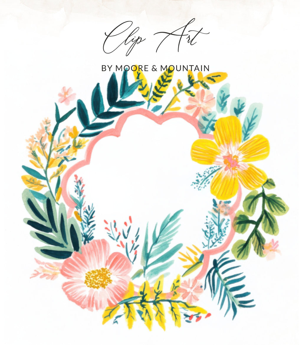 Pink and yellow floral wreath with "Clip Art" and "BY MOORE & MOUNTAIN" text.