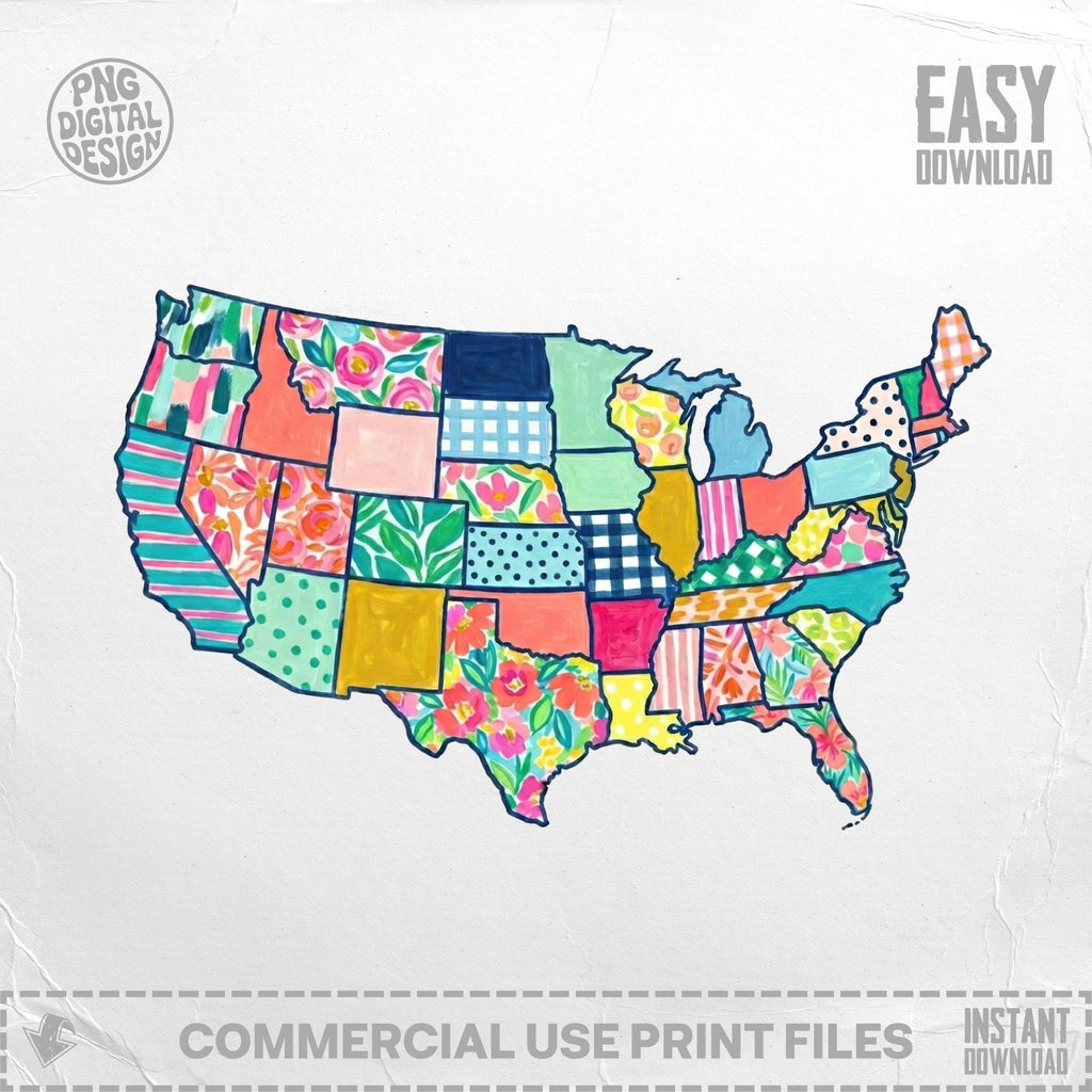 United States map with states filled with colorful floral and geometric patterns.