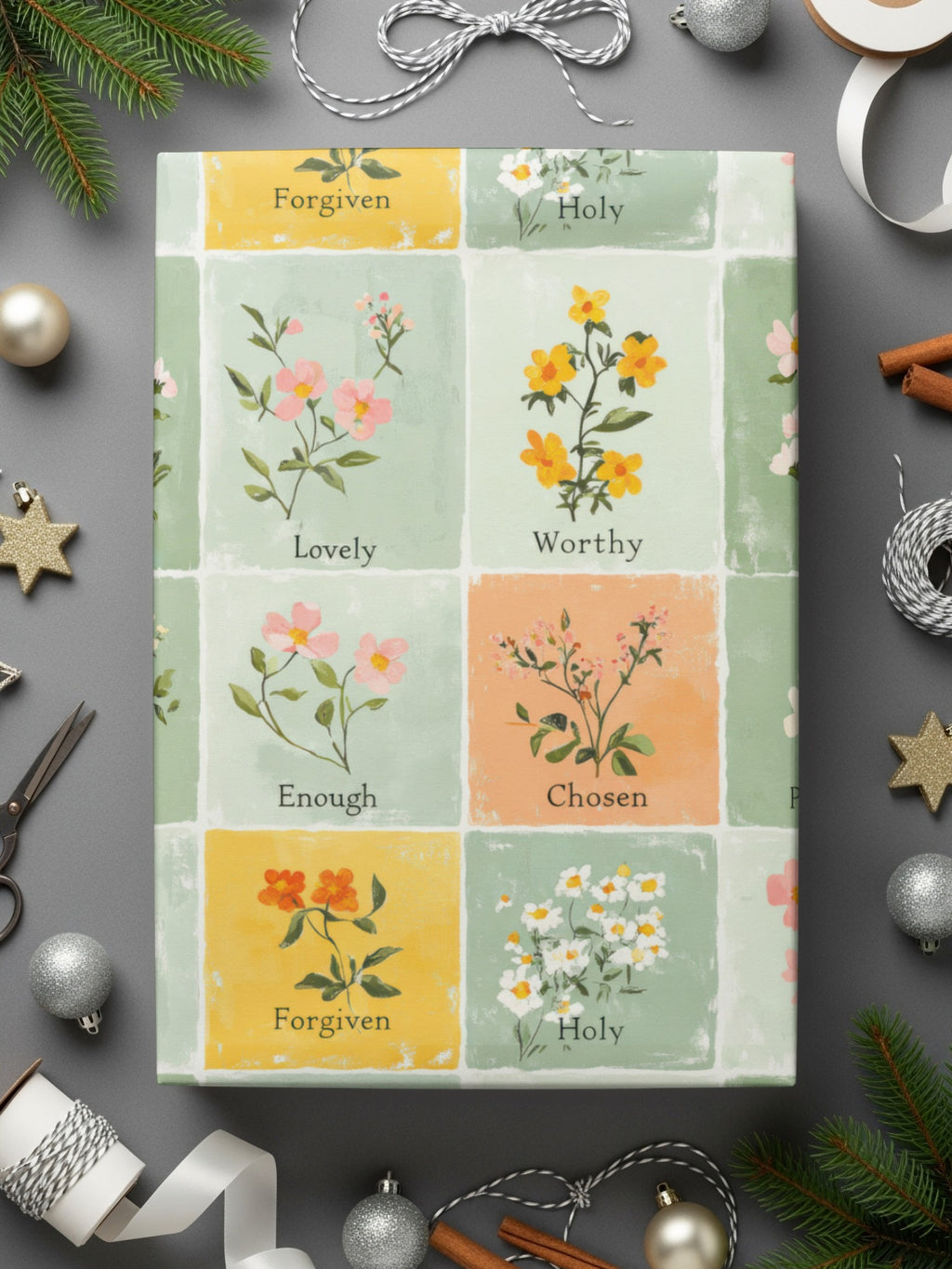 Floral Inspirational Squares Wrapping Paper for Special Occasions