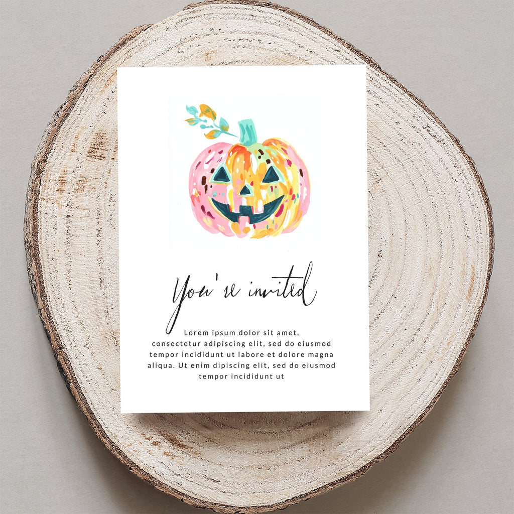 Halloween invitation with watercolor pumpkin and "You're invited" text.