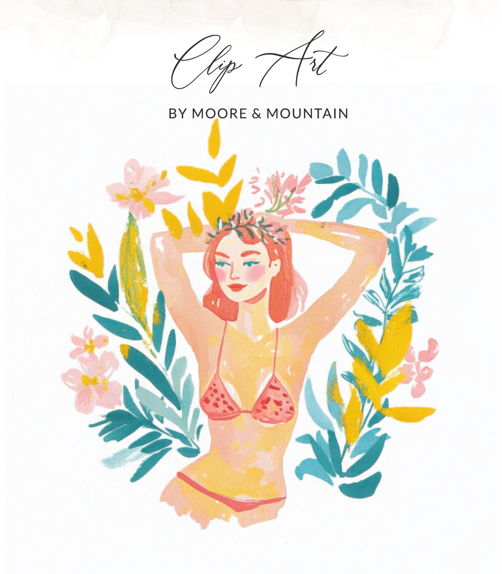 Watercolor illustration of a woman in a bikini with a floral wreath.