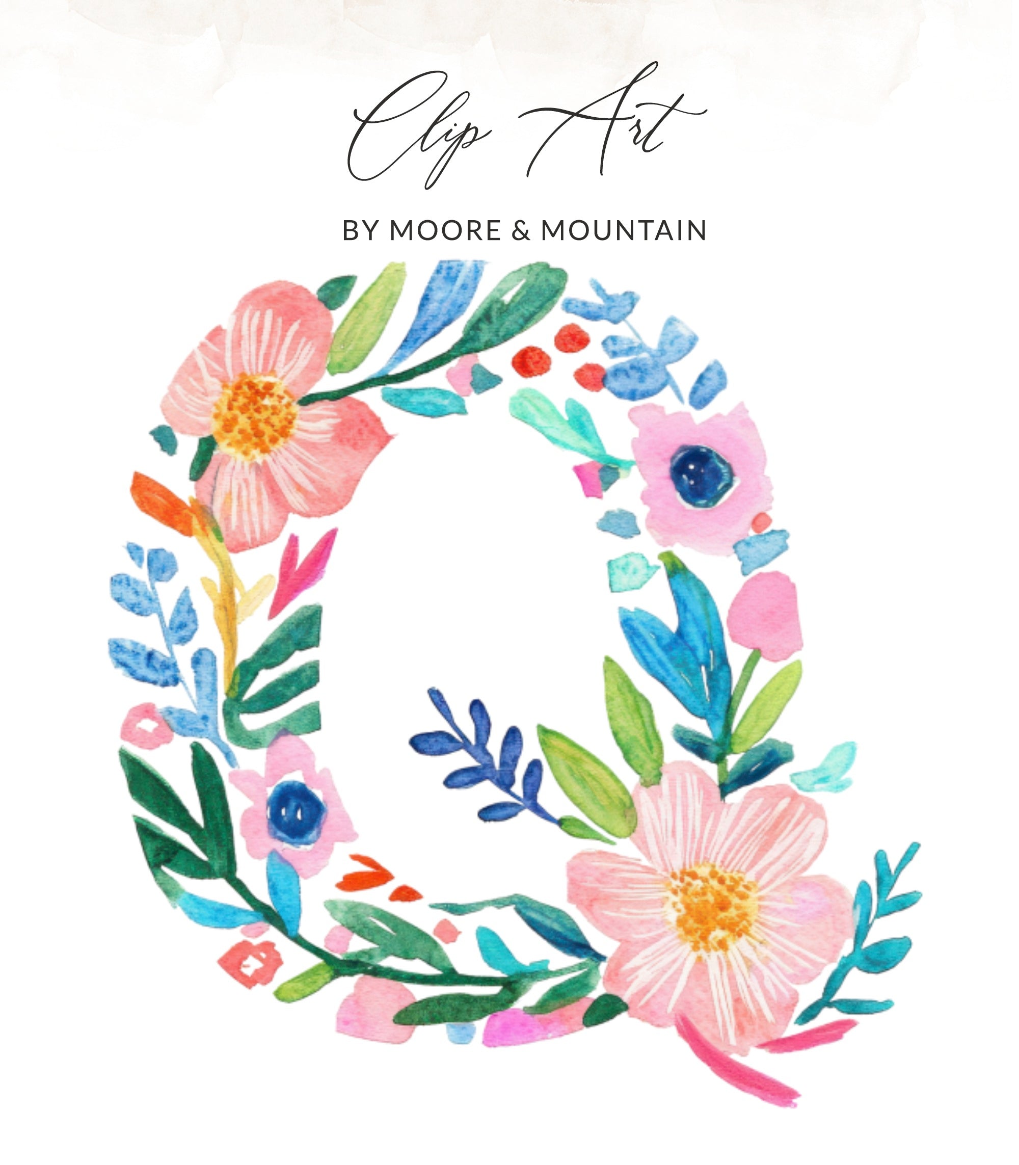 Floral letter Q in watercolor with "Clip Art" and "BY MOORE & MOUNTAIN" text.